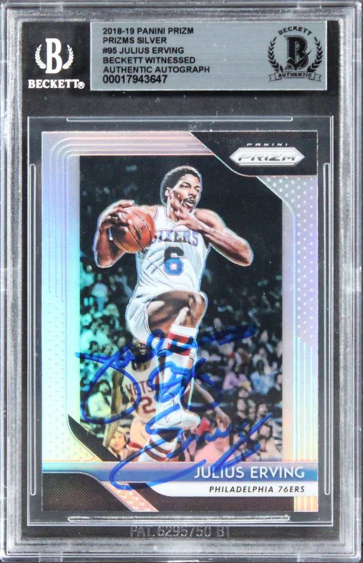 Julius Erving Signed 2018 Panini Prizm Silver #95 Card Beckett Authenticated: Julius Erving Signed 2018 Panini Prizm Silver #95 Card Beckett Authenticated This autographed 2018 Panini Prizm Prizms Silver #95 card features the iconic signature of Julius Erving, a legendary playe