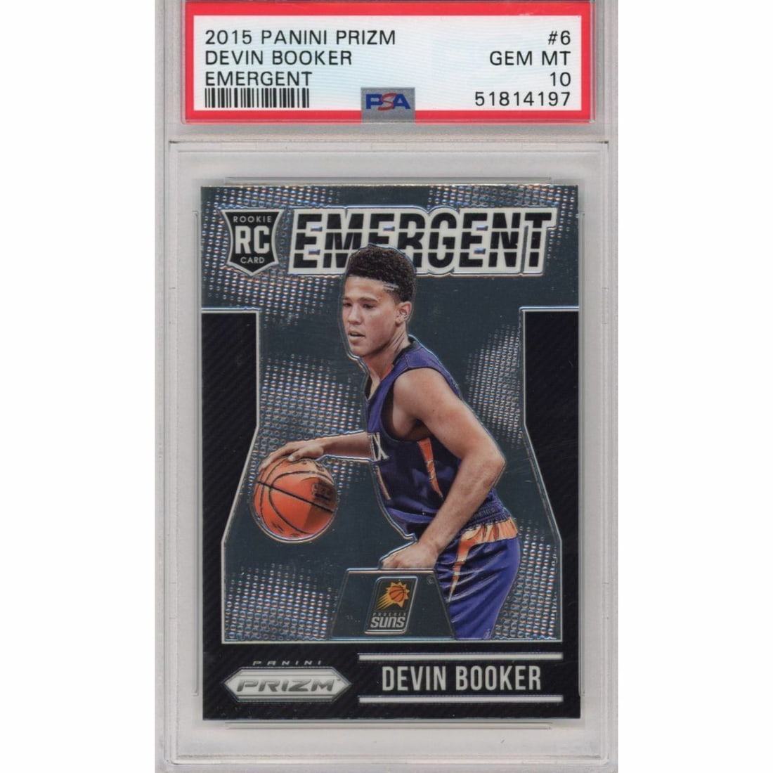 2015-16 Panini Prizm Devin Booker #6 Emergent Rookie Card PSA 10 Autographed: 2015-16 Panini Prizm Devin Booker #6 Emergent Rookie Card PSA 10 Autographed This is a graded 2015-16 Panini Prizm Devin Booker #6 Emergent Rookie Card, certified as PSA 10 Mint. The card features a s