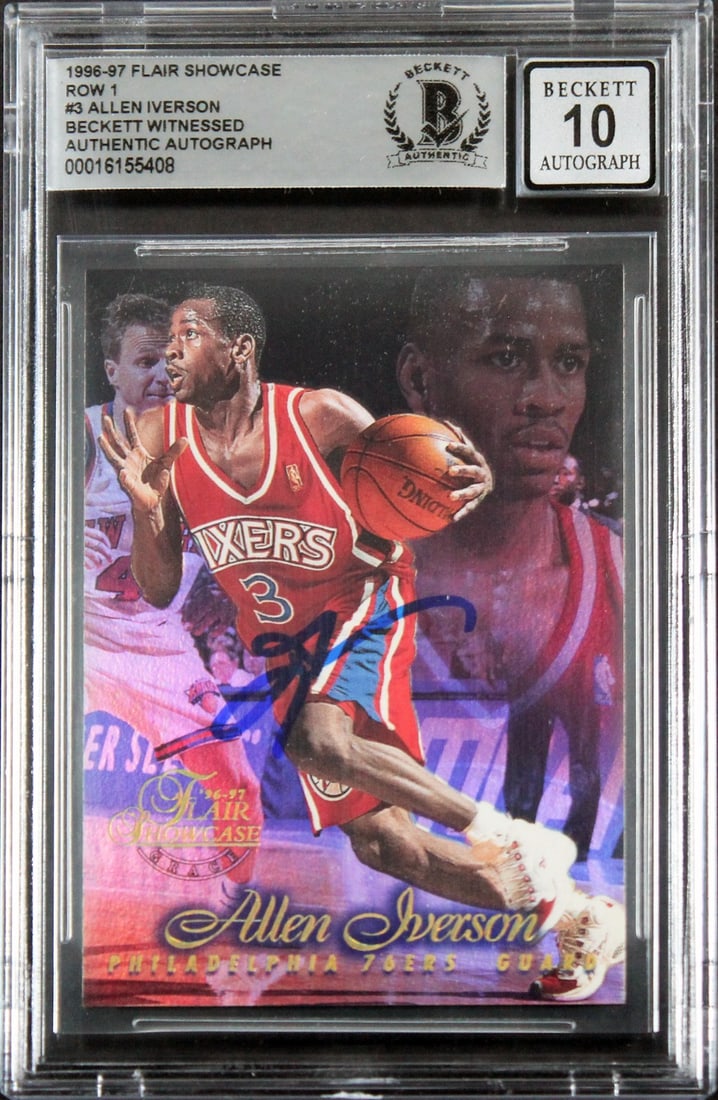 1996 Flair Showcase Allen Iverson Signed Rookie Card Gem Mint 10 Beckett: 1996 Flair Showcase Allen Iverson Signed Rookie Card Gem Mint 10 Beckett This 1996 Flair Showcase Row 1 #3 Rookie Card featuring Allen Iverson has been personally signed and graded Gem Mint 10 by Beck