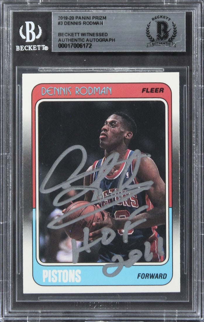 Dennis Rodman Signed 1988 Fleer Rookie Card With HOF 2011 Inscription Beckett Slab: Dennis Rodman Signed 1988 Fleer Rookie Card With HOF 2011 Inscription Beckett Slab This is an original 1988 Fleer #43 rookie card that has been personally signed by Dennis Rodman of the Chicago Bulls.