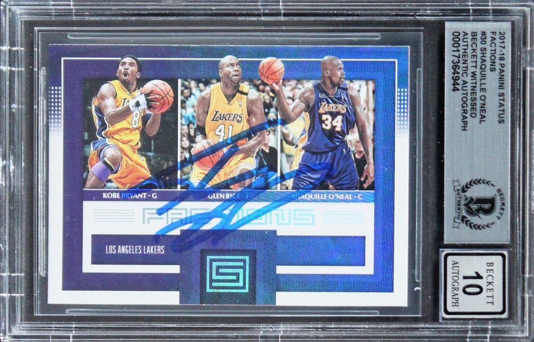 Shaquille O'Neal Signed 2017 Panini Status Factions #30 Card Beckett Authenticated: Shaquille O'Neal Signed 2017 Panini Status Factions #30 Card Beckett Authenticated This autographed 2017 Panini Status Factions #30 card features the legendary Shaquille O'Neal of the Los Angeles Lake