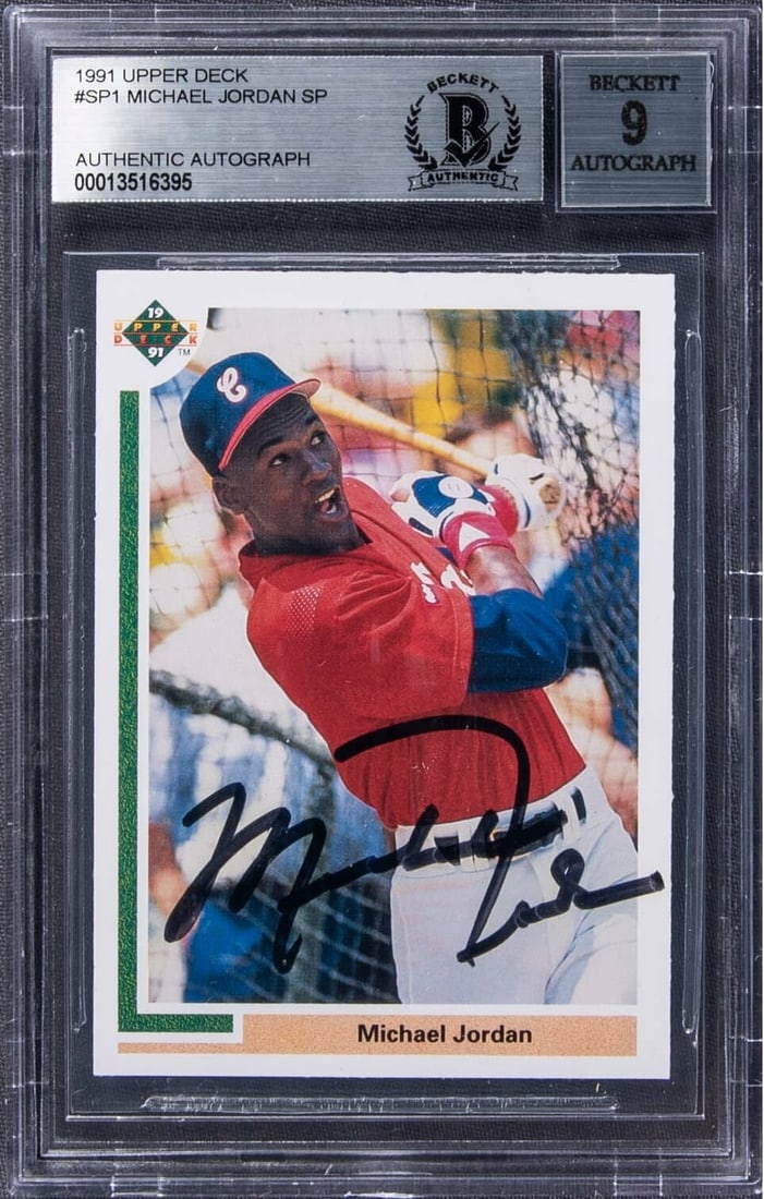 Michael Jordan 1991 Upper Deck Rookie Card Signed Beckett Graded 9 Baseball (1 of 2)