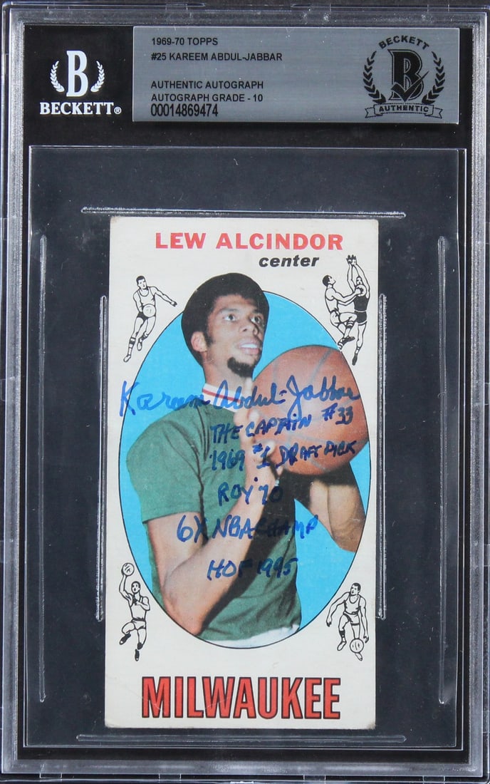 Kareem Abdul-Jabbar 1969 Topps Rookie Card Beckett Slabbed Auto 10: Kareem Abdul-Jabbar 1969 Topps Rookie Card Beckett Slabbed Auto 10 This is an original 1969 Topps #25 rookie card that has been personally signed by Kareem Abdul-Jabbar of the Los Angeles Lakers. The 