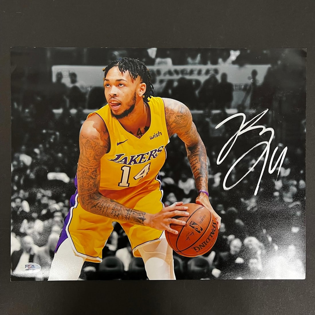 Brandon Ingram Autographed 11x14 Lakers Photo with PSA Authentication: Brandon Ingram Autographed 11x14 Lakers Photo with PSA Authentication This is an original 11x14 professionally printed photograph signed by Brandon Ingram of the Los Angeles Lakers. The autograph has 