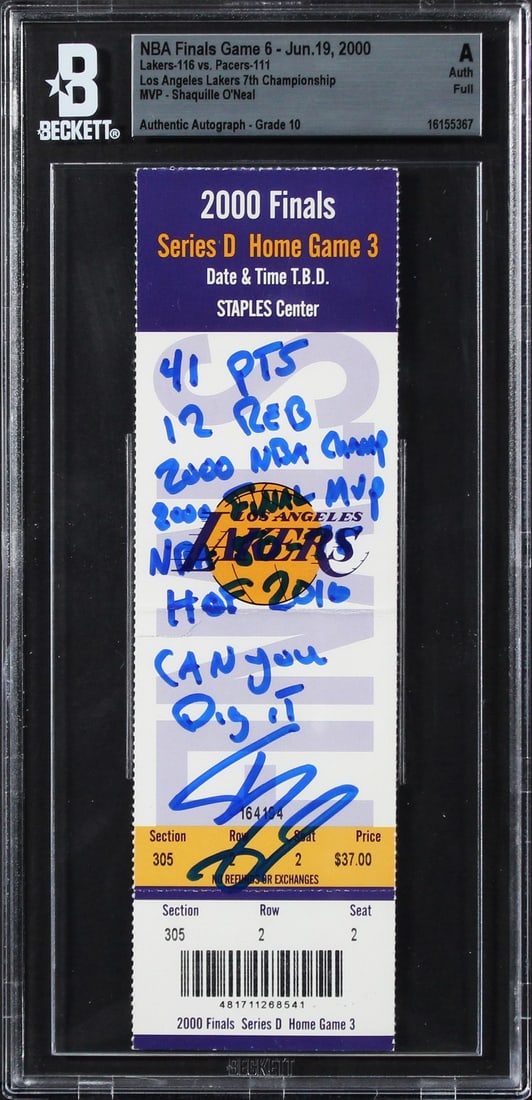 Shaquille O Neal 2000 Finals Game 6 Ticket Inscribed BAS 10: Shaquille O Neal 2000 Finals Game 6 Ticket Inscribed BAS 10 This is an original full ticket stub from Game 6 of the 2000 NBA Finals, held on June 19, 2000. The ticket has been personally signed by Sha
