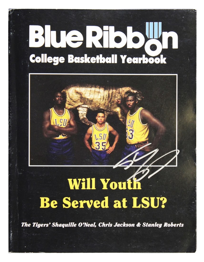 Shaquille O'Neal Signed LSU Yearbook 1989-90 Beckett Authenticated: Shaquille O'Neal Signed LSU Yearbook 1989-90 Beckett Authenticated This exceptional item is an original 1989-90 Blue Ribbon College Basketball LSU Yearbook, personally signed by basketball legend Shaq