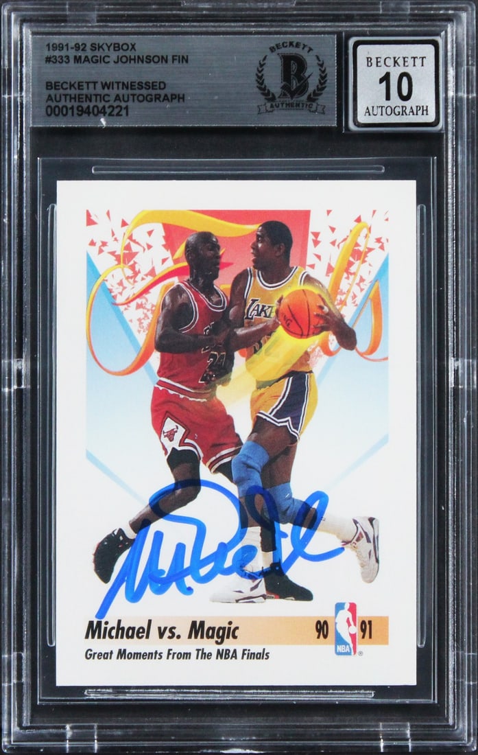 Magic Johnson Autographed 1991 Skybox 333 Lakers Card BAS Gem Mint 10 Slab: Magic Johnson Autographed 1991 Skybox 333 Lakers Card BAS Gem Mint 10 Slab This is an original 1991 Skybox #333 basketball card, personally signed by Magic Johnson of the Los Angeles Lakers. The autog
