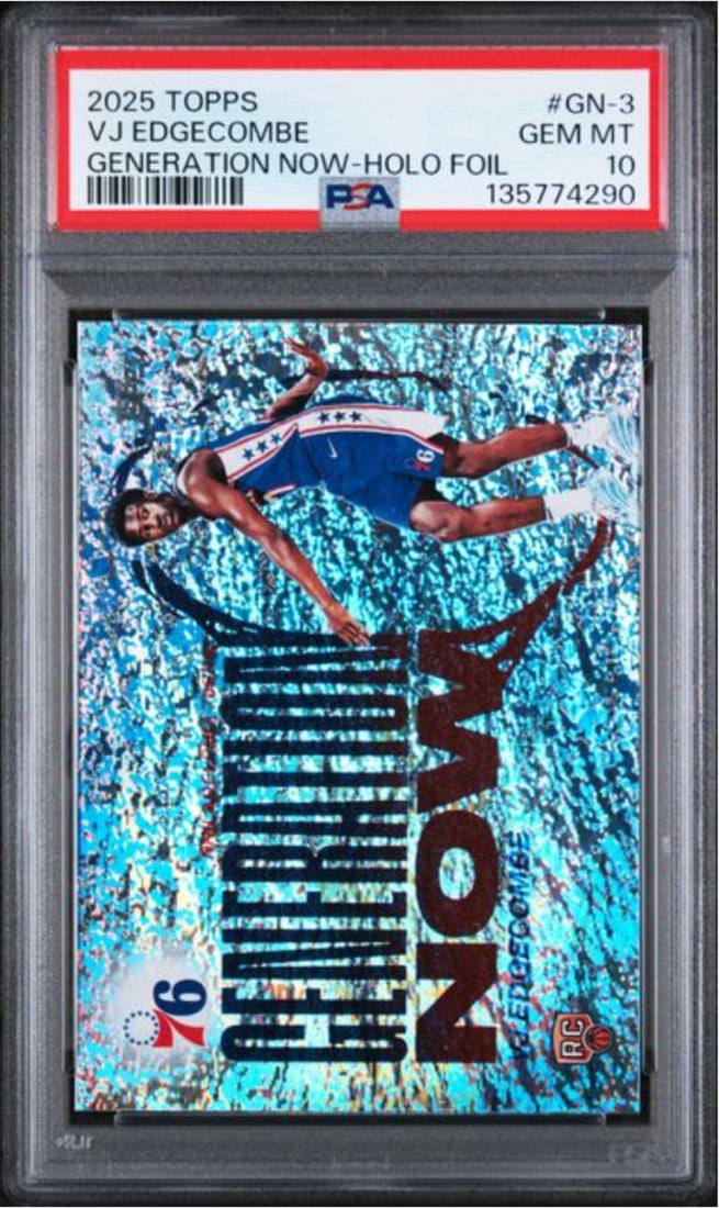 PSA 10 VJ Edgecombe 2025 Holo Foil Rookie Basketball Card #GN3: PSA 10 VJ Edgecombe 2025 Holo Foil Rookie Basketball Card #GN3 This is a graded 2025 Topps VJ Edgecombe #GN3 Holo Foil Rookie basketball card featuring VJ Edgecombe of the Philadelphia 76ers. The card