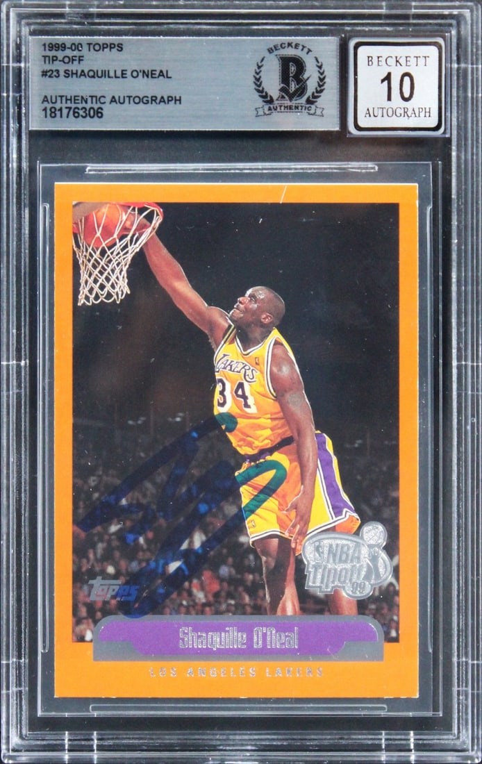 Shaquille O'Neal Signed 1999 Topps Tipoff #23 Card Gem Mint 10 Beckett Authenticated: Shaquille O'Neal Signed 1999 Topps Tipoff #23 Card Gem Mint 10 Beckett Authenticated This is a 1999 Topps Tip-Off #23 card featuring Shaquille O'Neal, personally signed by the basketball legend himsel
