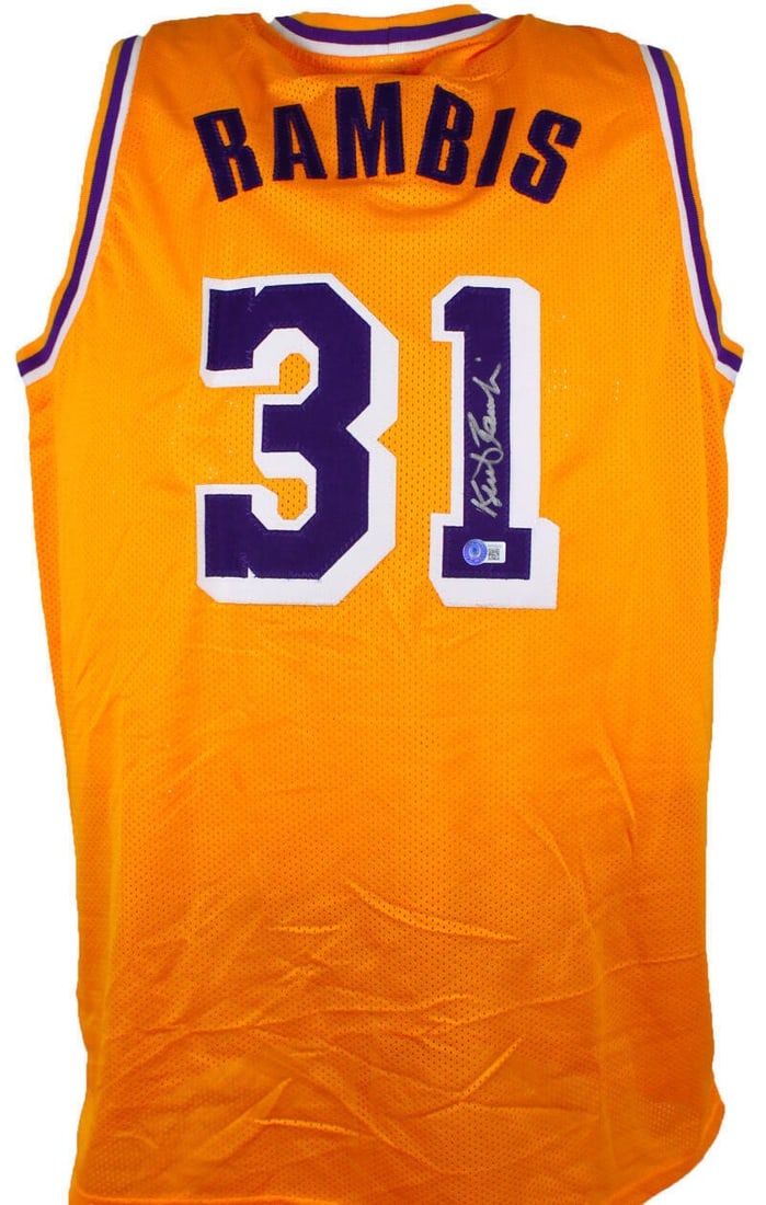 Kurt Rambis signed Lakers gold pro style jersey Beckett hologram: Kurt Rambis signed Lakers gold pro style jersey Beckett hologram This is a pre-owned gold pro style jersey autographed by Kurt Rambis of the Los Angeles Lakers. The signature is authenticated by Becke