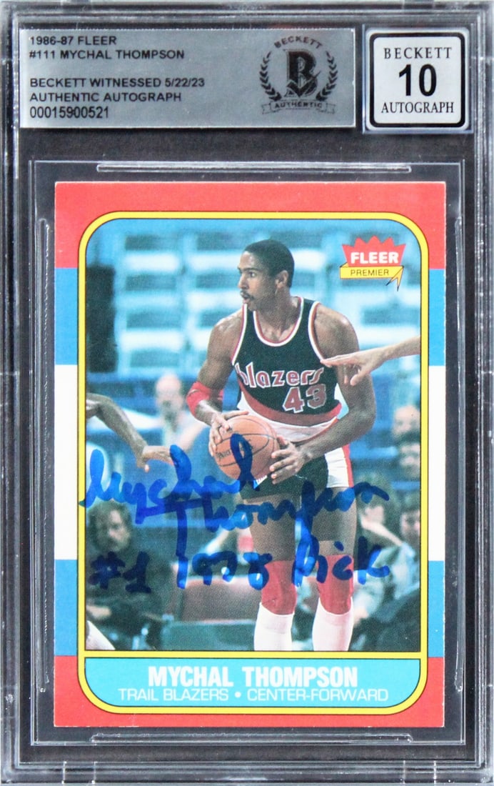Mychal Thompson Signed 1986 Fleer #111 Card Gem Mint 10 BAS: Mychal Thompson Signed 1986 Fleer #111 Card Gem Mint 10 BAS This 1986 Fleer #111 card features Mychal Thompson, a notable player for the Portland Trail Blazers, and is inscribed with "1978 #1 Pick." T