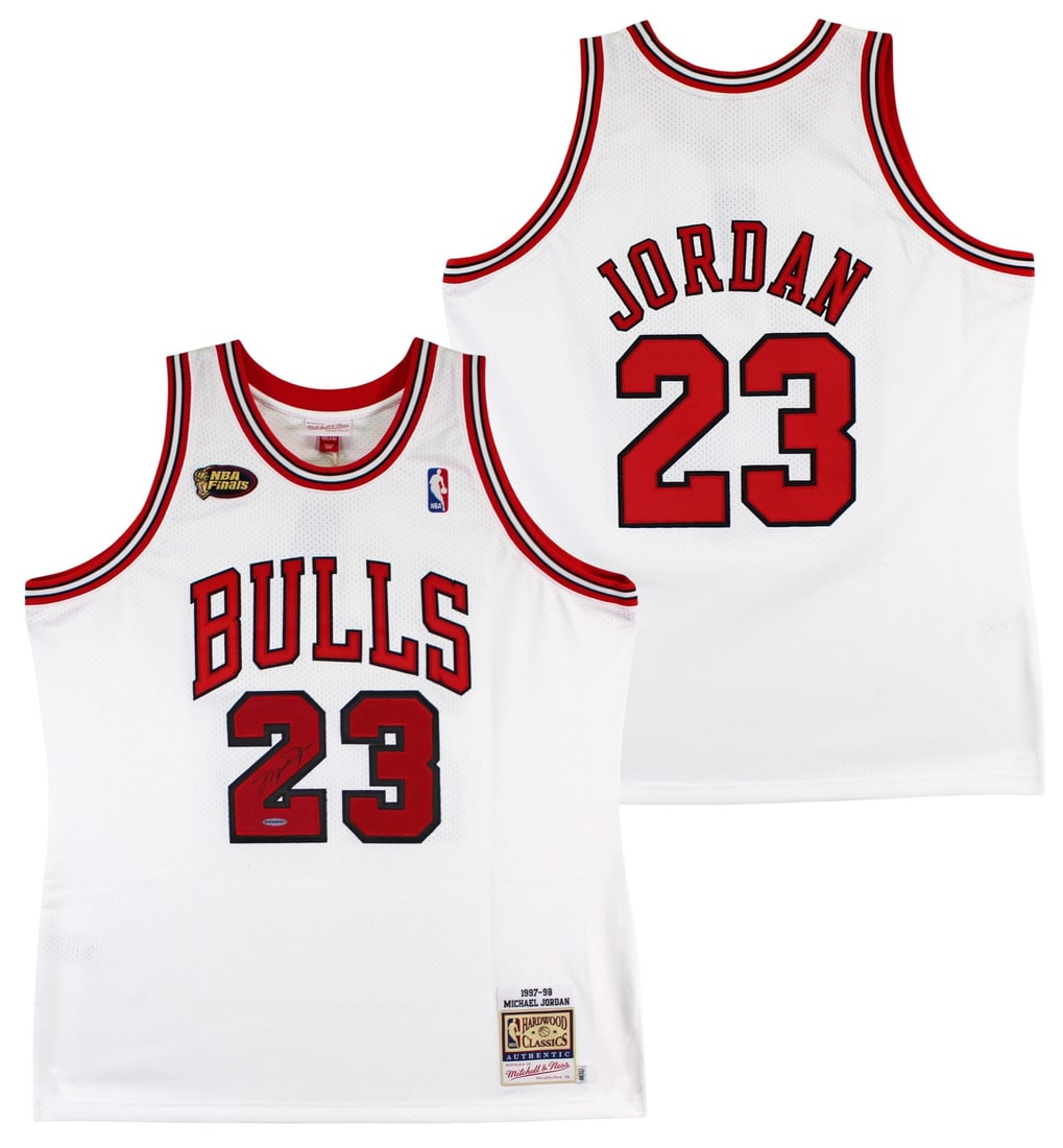 Michael Jordan Signed 1997-98 Bulls White Jersey UDA Authentic: Michael Jordan Signed 1997-98 Bulls White Jersey UDA Authentic Celebrate the legacy of basketball with this authentic Chicago Bulls jersey personally signed by Michael Jordan. This 1997-98 Mitchell & 
