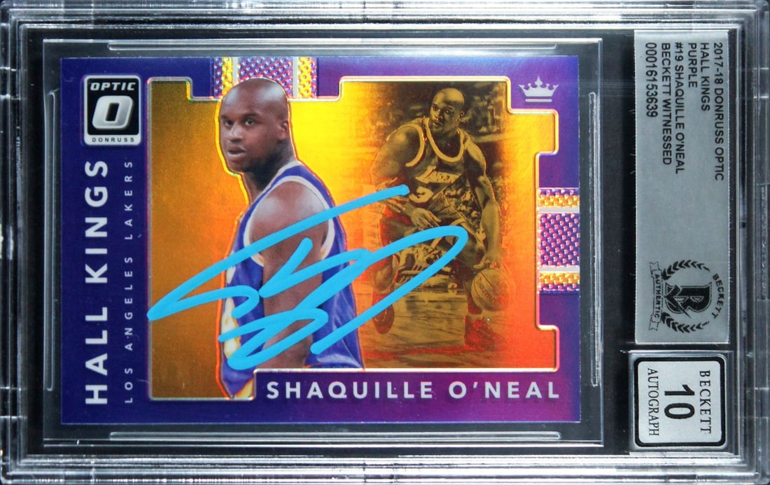 Shaquille O'Neal Signed 2017 Donruss Optic Gem Mint 10 Card BAS Authenticated: Shaquille O'Neal Signed 2017 Donruss Optic Gem Mint 10 Card BAS Authenticated This exceptional collectible features a 2017 Donruss Optic Hall Kings Purple #19 card personally signed by basketball lege
