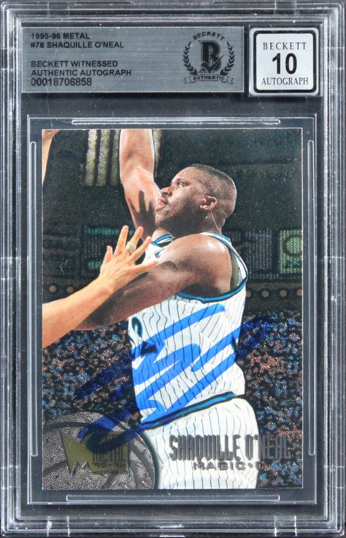Shaquille O'Neal Auto 1995 Metal 78 Orlando Magic Card Gem 10 BAS Authenticated: Shaquille O'Neal Auto 1995 Metal 78 Orlando Magic Card Gem 10 BAS Authenticated This is an original 1995 Metal #78 basketball card featuring Shaquille O'Neal of the Orlando Magic. The card has been pe
