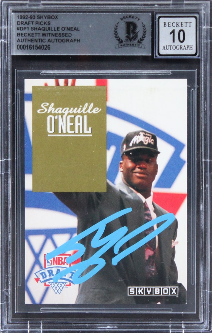 Shaquille O'Neal Signed 1992 Skybox Rookie Card Gem Mint 10 Beckett: Shaquille O'Neal Signed 1992 Skybox Rookie Card Gem Mint 10 Beckett This is a remarkable collectible for basketball fans: a 1992 Skybox Draft Picks #DP1 Rookie Card personally signed by the legendary 