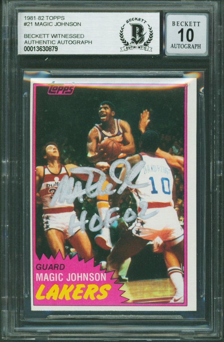 Magic Johnson Signed 1981 Topps #21 Gem Mint 10 HOF 02 Beckett Slab: Magic Johnson Signed 1981 Topps #21 Gem Mint 10 HOF 02 Beckett Slab This 1981 Topps #21 card features a stunning autograph of Magic Johnson, inscribed with "HOF 02". Graded as Gem Mint 10 by Beckett, 