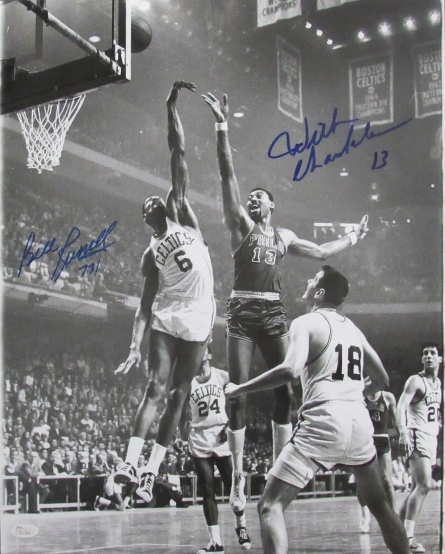 JSA 16x20 Black White Basketball Photo Signed by Wilt Chamberlain and Bill Russell: JSA 16x20 Black White Basketball Photo Signed by Wilt Chamberlain and Bill Russell This is an original 16x20 inch black and white photograph autographed by both Wilt Chamberlain and Bill Russell. The 