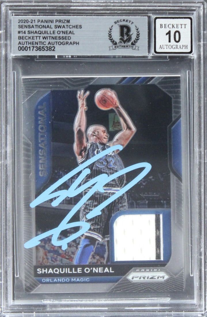 Shaquille O'Neal Signed 2020 Panini Prizm Gem Mint 10 Card: Shaquille O'Neal Signed 2020 Panini Prizm Gem Mint 10 Card Celebrate the legacy of basketball legend Shaquille O'Neal with this signed 2020 Panini Prizm Sensational Swatches #14 card. This stunning co