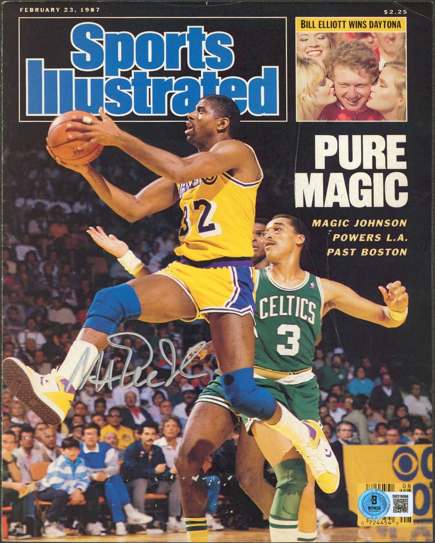 Magic Johnson Signed 1987 Sports Illustrated Cover Beckett Authenticated Lakers: Magic Johnson Signed 1987 Sports Illustrated Cover Beckett Authenticated Lakers This is an original Sports Illustrated magazine cover from February 23, 1987, featuring the Los Angeles Lakers' Magic Jo