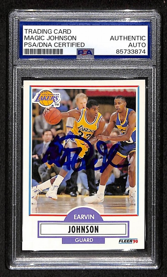 Magic Johnson Autographed 1990-91 Fleer Lakers Basketball Card PSA/DNA #93: Magic Johnson Autographed 1990-91 Fleer Lakers Basketball Card PSA/DNA #93 This is an original 1990-91 Fleer basketball card featuring Magic Johnson of the Los Angeles Lakers. The card is number 93 in