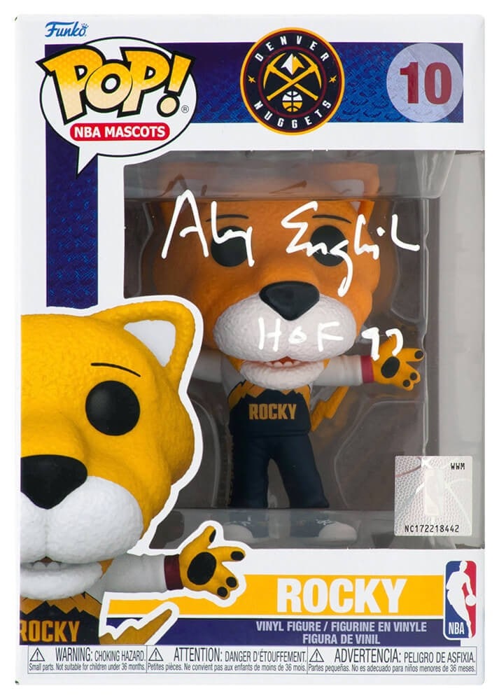 Alex English Signed Denver Nuggets Funko Pop Doll #10 HOF 97 COA: Alex English Signed Denver Nuggets Funko Pop Doll #10 HOF 97 COA Celebrate basketball history with this Alex English signed Denver Nuggets 'Rocky' mascot Funko Pop doll #10. This collectible features 