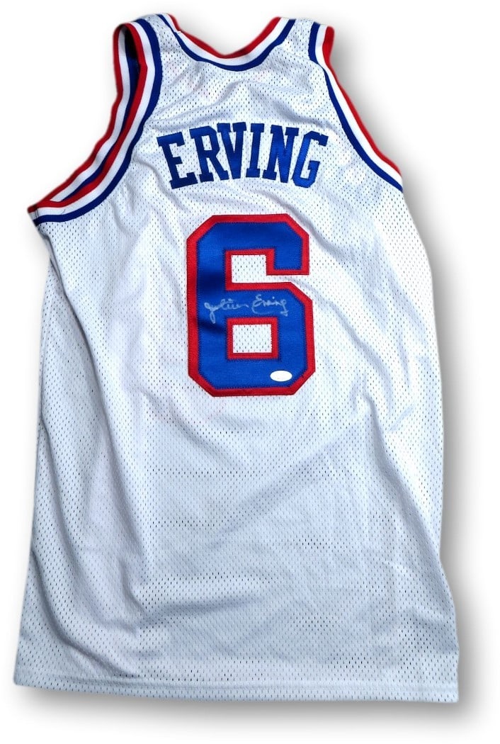 Julius Erving autographed Philadelphia 76ers white jersey JSA: Julius Erving autographed Philadelphia 76ers white jersey JSA This is a pre-owned Philadelphia 76ers home white jersey autographed by Julius Erving. The autograph is authenticated by James Spence Auth