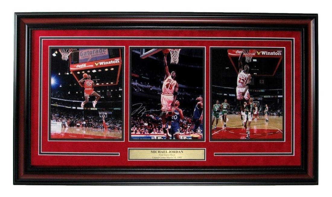 Framed Michael Jordan signed Bulls 8x10 photo collage Upper Deck authenticated: Framed Michael Jordan signed Bulls 8x10 photo collage Upper Deck authenticated This framed 8x10 photo collage features Michael Jordan in his #45 Chicago Bulls jersey, commemorating his comeback to the