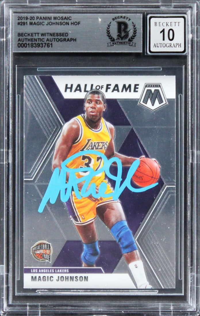Magic Johnson Signed 2019 Panini Mosaic #291 Card Auto 10 BAS Slabbed Lakers: Magic Johnson Signed 2019 Panini Mosaic #291 Card Auto 10 BAS Slabbed Lakers This is a 2019 Panini Mosaic #291 card featuring Magic Johnson, a legendary player of the Los Angeles Lakers. The card has 