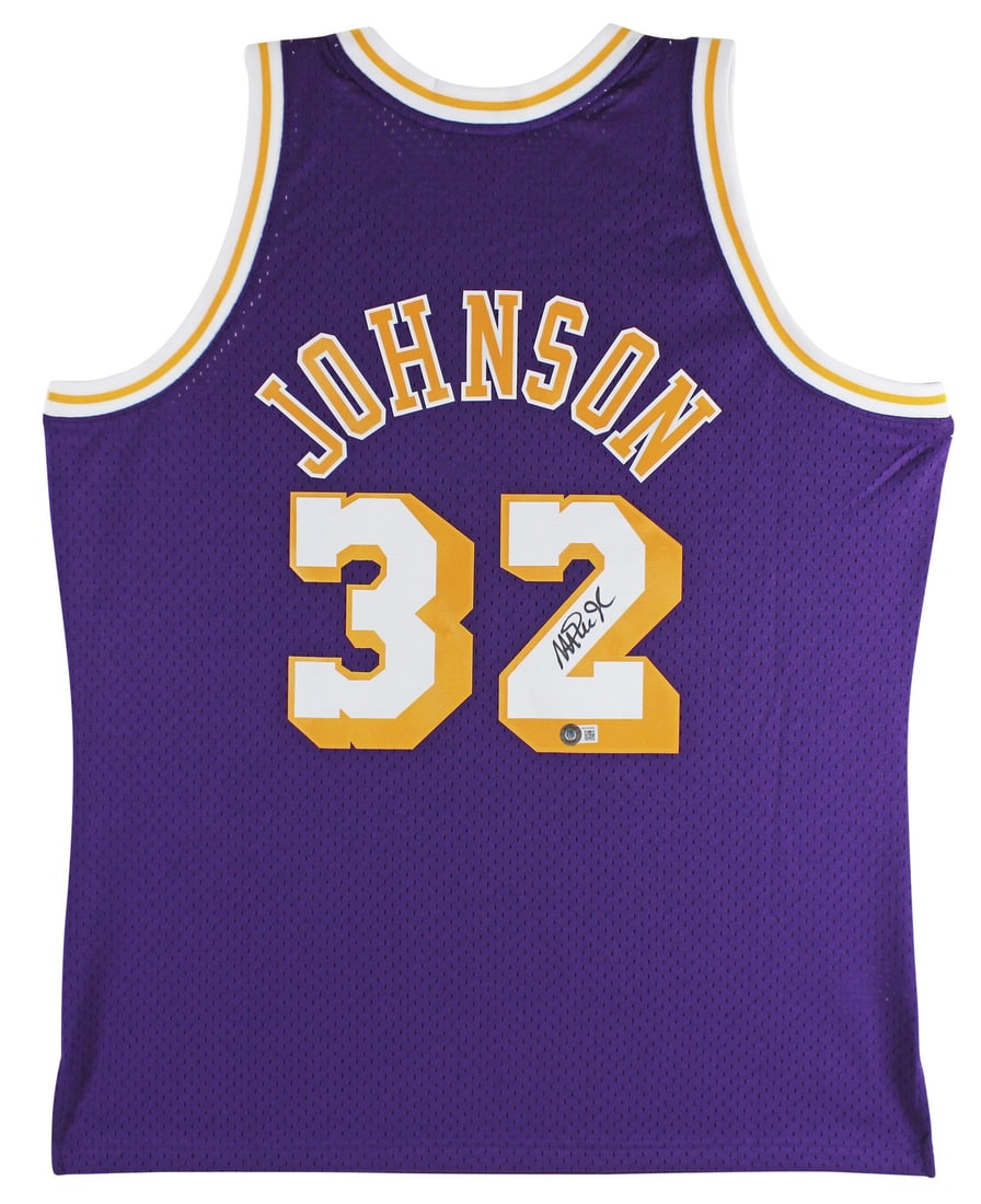 Magic Johnson Autographed Mitchell & Ness Lakers Purple Jersey BAS Witnessed Hologram: Magic Johnson Autographed Mitchell & Ness Lakers Purple Jersey BAS Witnessed Hologram This is an original 1984-85 Mitchell & Ness Hardwood Classics Swingman purple jersey, personally signed by Magic J