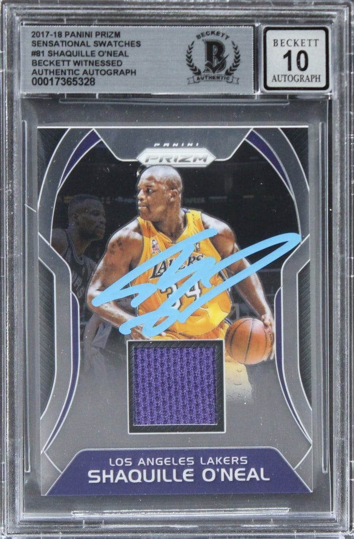 Shaquille O'Neal Signed 2017 Panini Prizm #81 Card Auto 10 Beckett Slab: Shaquille O'Neal Signed 2017 Panini Prizm #81 Card Auto 10 Beckett Slab This is a 2017 Panini Prizm Sensational Swatches #81 card, personally signed by basketball legend Shaquille O'Neal, featuring hi