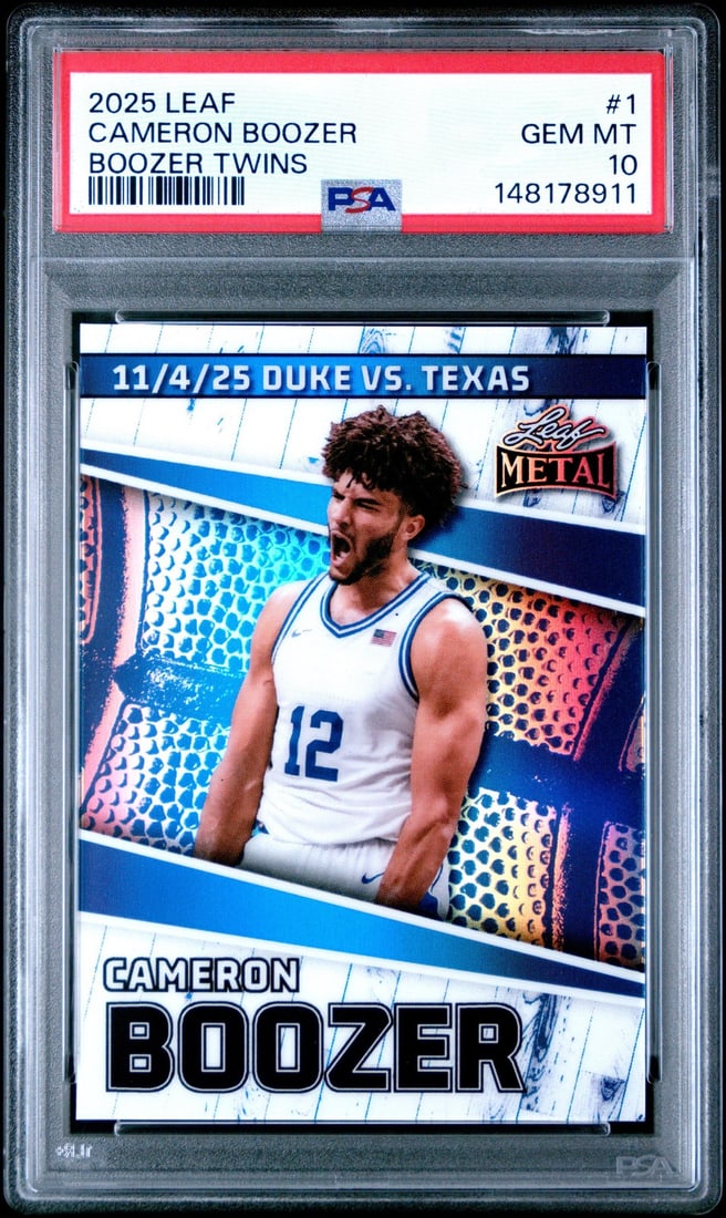 PSA 10 Gem Mint Cameron Boozer 2025 Leaf Rookie Card #1: PSA 10 Gem Mint Cameron Boozer 2025 Leaf Rookie Card #1 This is a 2025 Leaf Cameron Boozer #1 rookie basketball card, graded Gem Mint 10 by Professional Sports Authenticator (PSA). The card features C