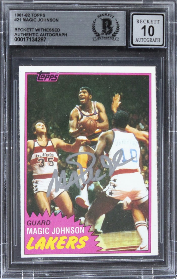 Magic Johnson Signed 1981 Topps 21 Lakers Card Auto 10 Beckett Slabbed: Magic Johnson Signed 1981 Topps 21 Lakers Card Auto 10 Beckett Slabbed This is an original 1981 Topps #21 basketball card featuring Magic Johnson of the Los Angeles Lakers. The card has been personall