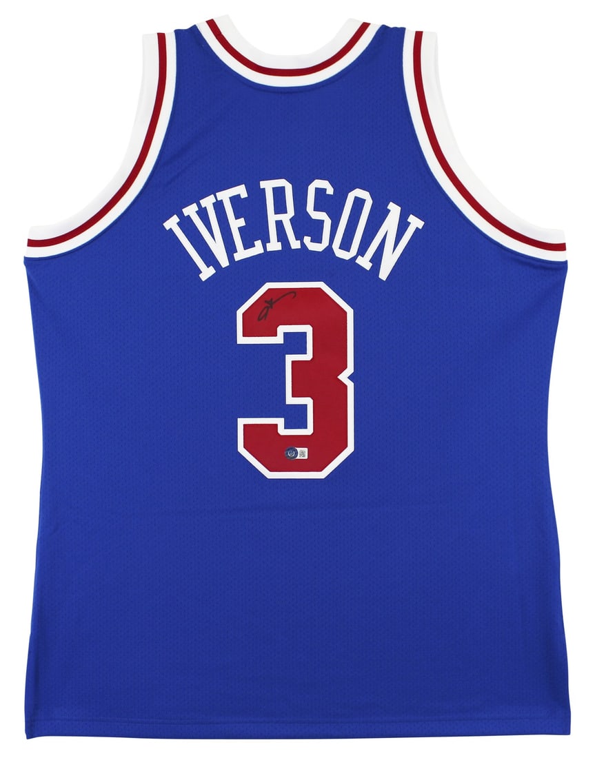 Allen Iverson Signed Blue 76ers Jersey Mitchell & Ness BAS Authenticated: Allen Iverson Signed Blue 76ers Jersey Mitchell & Ness BAS Authenticated This Authentic Blue Mitchell & Ness Hardwood Classics Jersey has been personally signed by Allen Iverson, the legendary player 