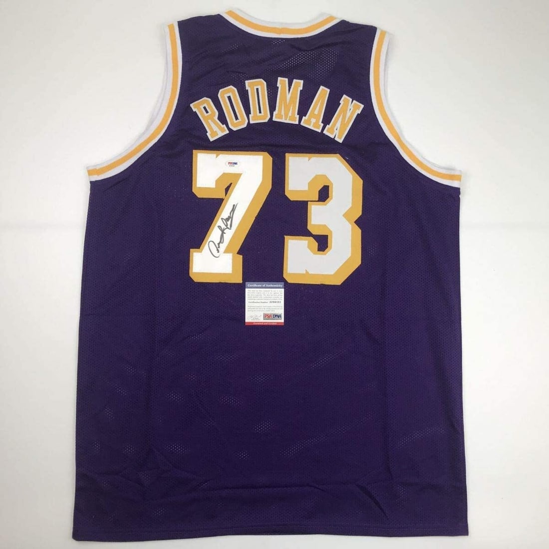 Dennis Rodman Signed Los Angeles Lakers Purple Jersey PSA/DNA: Dennis Rodman Signed Los Angeles Lakers Purple Jersey PSA/DNA Celebrate the legacy of NBA legend Dennis Rodman with this autographed Los Angeles Lakers purple jersey. This custom jersey features Rodma