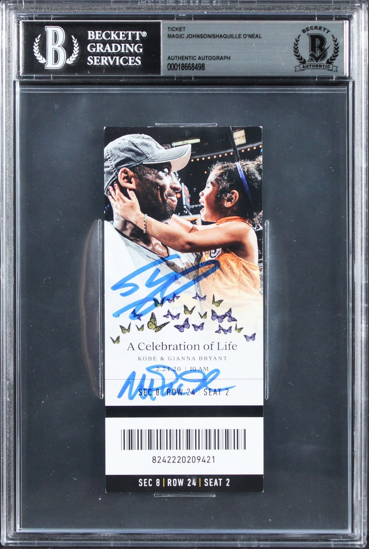 Shaquille O'Neal Magic Johnson Signed Kobe Bryant Ticket Beckett Slabbed: Shaquille O'Neal Magic Johnson Signed Kobe Bryant Ticket Beckett Slabbed This remarkable item features the personally signed ticket stub from the 'A Celebration of Life' event honoring Kobe and Gianna