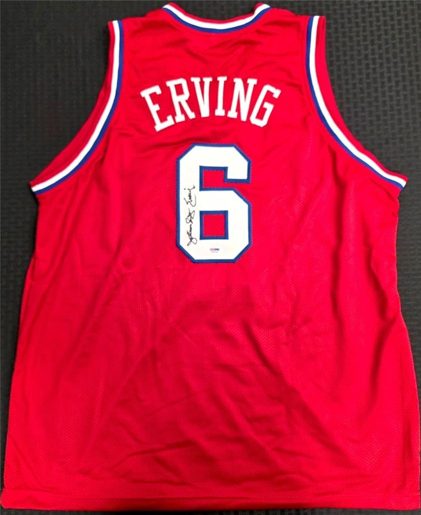 Autographed Julius Erving Philadelphia 76ers Jersey with PSA Authentication Sticker: Autographed Julius Erving Philadelphia 76ers Jersey with PSA Authentication Sticker This Philadelphia 76ers jersey is signed by Julius Erving, also known as Dr. J. The autograph is authenticated by Pr
