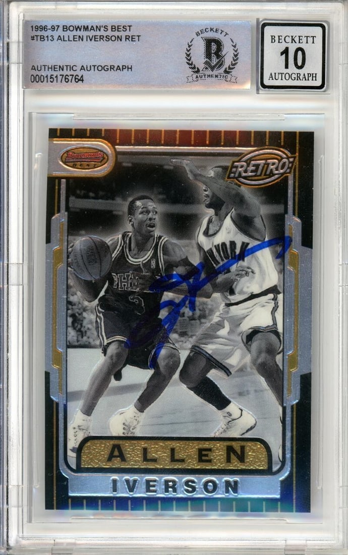 Allen Iverson 1996-97 Bowman's Best Retro Rookie Autograph BGS 10: Allen Iverson 1996-97 Bowman's Best Retro Rookie Autograph BGS 10 This is a 1996-97 Bowman's Best Retro #TB13 Allen Iverson rookie card featuring a hand-signed autograph. The card is from the 1996-97 