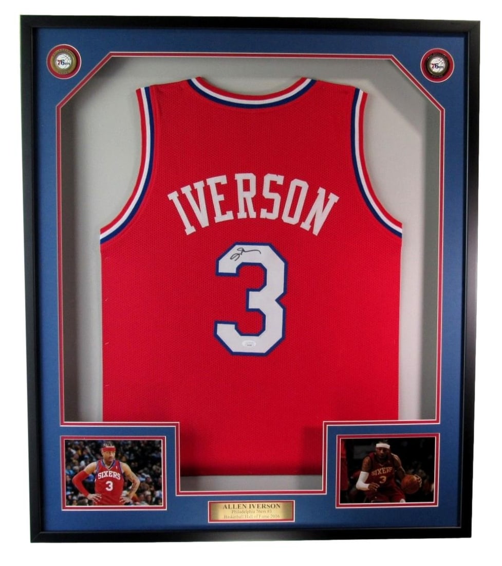 Framed Allen Iverson HOF 76ers signed red custom jersey JSA 33 x 42: Framed Allen Iverson HOF 76ers signed red custom jersey JSA 33 x 42 This is a framed red custom basketball jersey signed by Allen Iverson, commemorating his Hall of Fame status with the Philadelphia 7