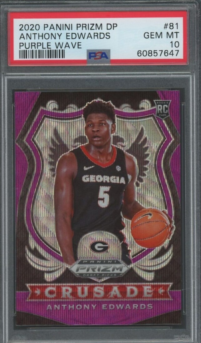 2020 Panini Prizm Anthony Edwards #81 Purple Wave PSA 10 Graded Card: 2020 Panini Prizm Anthony Edwards #81 Purple Wave PSA 10 Graded Card This is a graded 2020 Panini Prizm Anthony Edwards #81 Purple Wave Basketball Card, encapsulated and graded by Professional Sports 