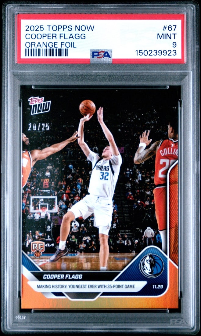 PSA 9 2025 Topps Now Cooper Flagg Orange Foil RC #67: PSA 9 2025 Topps Now Cooper Flagg Orange Foil RC #67 This is a 2025 Topps Now Cooper Flagg #67 Orange Foil /25 rookie card, professionally graded and encapsulated by PSA with a Mint 9 grade. The card 