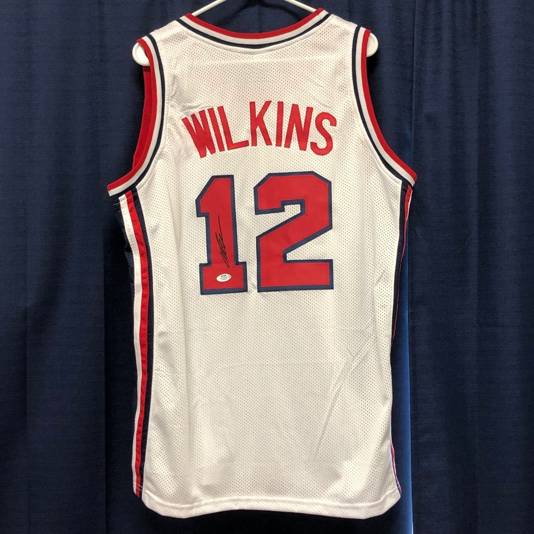 Dominique Wilkins Team USA Autographed Stitched Basketball Jersey PSA DNA: Dominique Wilkins Team USA Autographed Stitched Basketball Jersey PSA DNA This is a stitched basketball jersey autographed by Dominique Wilkins, representing Team USA. The autograph has been authentic