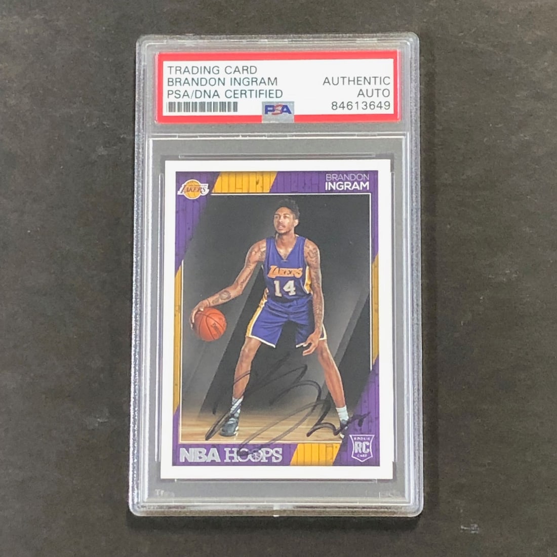 Brandon Ingram 2016-17 NBA Hoops #262 Signed Card PSA/DNA Slabbed Lakers: Brandon Ingram 2016-17 NBA Hoops #262 Signed Card PSA/DNA Slabbed Lakers This is an original 2016-17 NBA Hoops #262 card featuring the signature of Brandon Ingram, who played for the Los Angeles Laker
