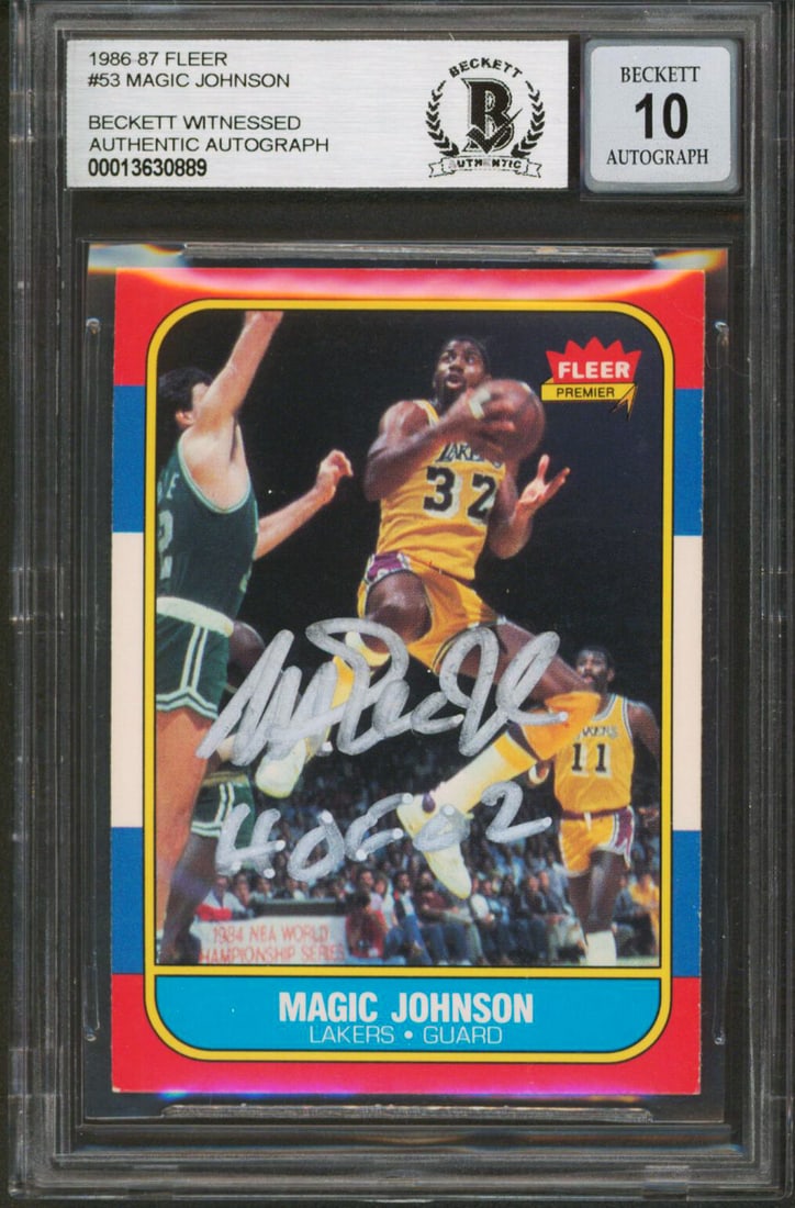 Magic Johnson 1986 Fleer #53 Card Signed HOF 02 Beckett Auto 10 Slabbed: Magic Johnson 1986 Fleer #53 Card Signed HOF 02 Beckett Auto 10 Slabbed This is an autographed 1986 Fleer #53 basketball card, personally signed by Magic Johnson of the Los Angeles Lakers with the ins