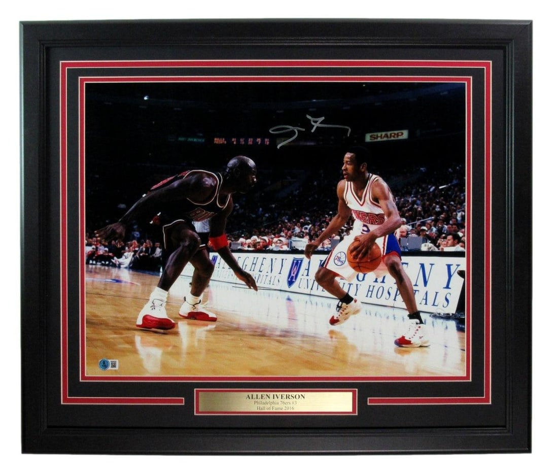 Framed Allen Iverson 16x20 Signed 76ers Photo Beckett Authenticated: Framed Allen Iverson 16x20 Signed 76ers Photo Beckett Authenticated This framed 16x20 photo features Allen Iverson of the Philadelphia 76ers, autographed and authenticated by Beckett Authentication Se