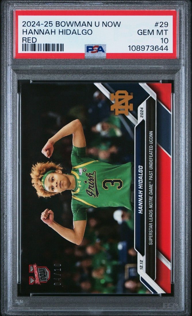 2024 Bowman U Now Hannah Hidalgo #29 Red /10 RC Basketball Card PSA 10: 2024 Bowman U Now Hannah Hidalgo #29 Red /10 RC Basketball Card PSA 10 This is a graded 2024 Bowman U Now Hannah Hidalgo #29 Red /10 rookie basketball card, featuring the talented athlete Hannah Hidal