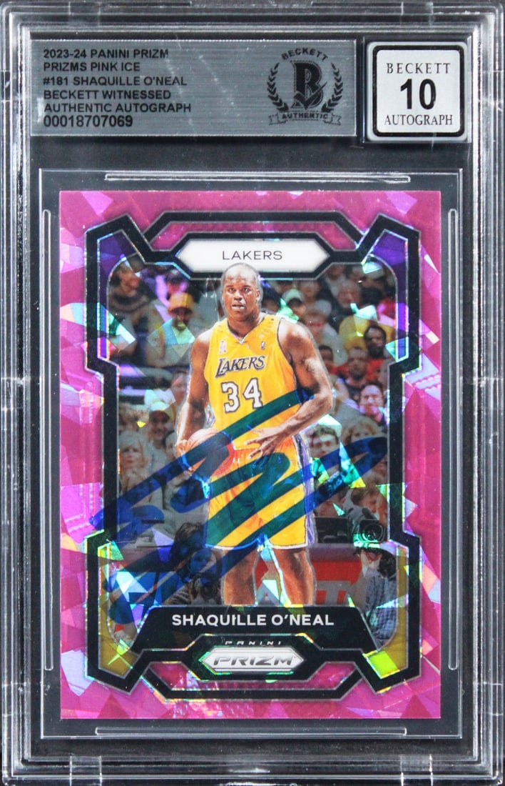 2023 Panini Prizm Pink Ice Card Signed by Shaquille O'Neal Beckett Auto 10: 2023 Panini Prizm Pink Ice Card Signed by Shaquille O'Neal Beckett Auto 10 This is an original 2023 Panini Prizm Pink Ice #181 trading card featuring Shaquille O'Neal of the Los Angeles Lakers. The ca