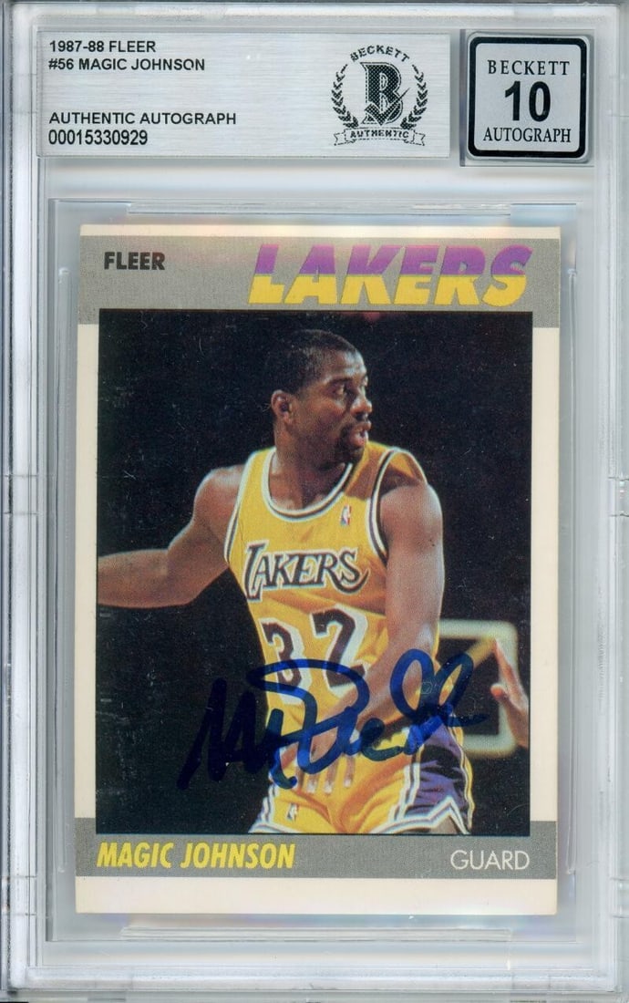 BGS Autograph 10 Magic Johnson 1987-88 Fleer #56 Lakers Card: BGS Autograph 10 Magic Johnson 1987-88 Fleer #56 Lakers Card This is an original 1987-88 Fleer #56 Magic Johnson sports trading card featuring the legendary Los Angeles Lakers player. The card is hand