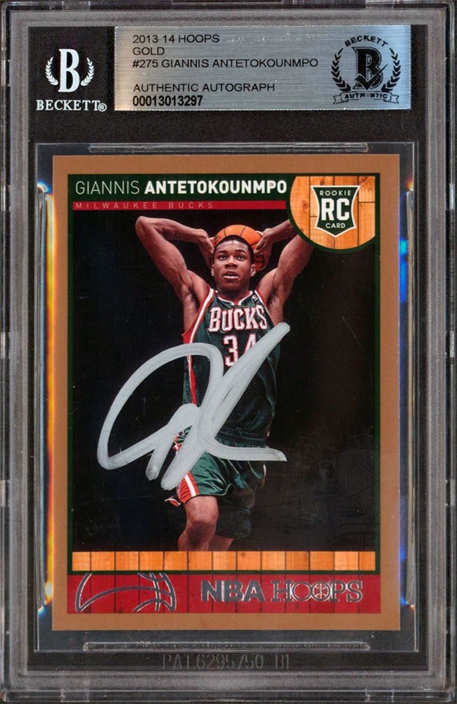 Giannis Antetokounmpo Signed 2013-14 Hoops Gold Rookie Card Beckett Authenticated: Giannis Antetokounmpo Signed 2013-14 Hoops Gold Rookie Card Beckett Authenticated This is an original 2013-14 Hoops Gold #275 Rookie Card personally signed by Giannis Antetokounmpo, the star player of