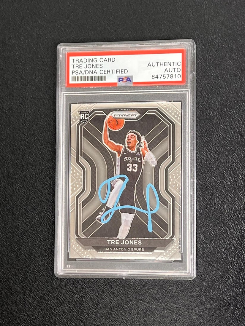 2020-21 Panini Prizm RC #291 Tre Jones Signed Card PSA/DNA Spurs: 2020-21 Panini Prizm RC #291 Tre Jones Signed Card PSA/DNA Spurs This listing features a 2020-21 Panini Prizm RC #291 rookie card signed by Tre Jones, a player for the San Antonio Spurs. The card is e