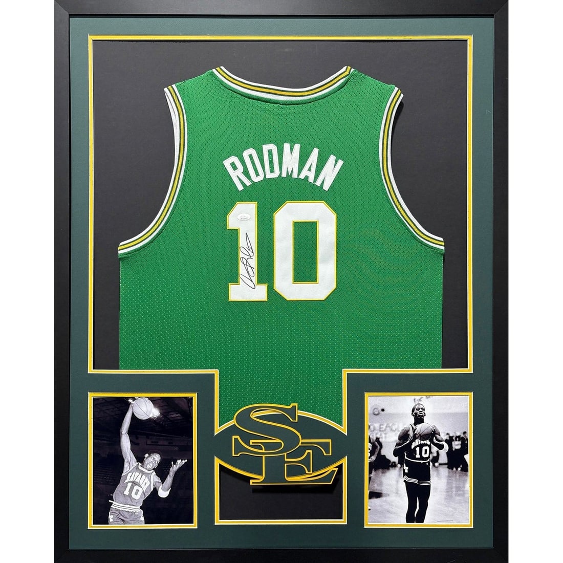 Dennis Rodman Autographed Framed College Jersey JSA Certified 42x34: Dennis Rodman Autographed Framed College Jersey JSA Certified 42x34 This is an autographed Dennis Rodman framed college jersey, showcasing the basketball legend's signature. The jersey is authenticate